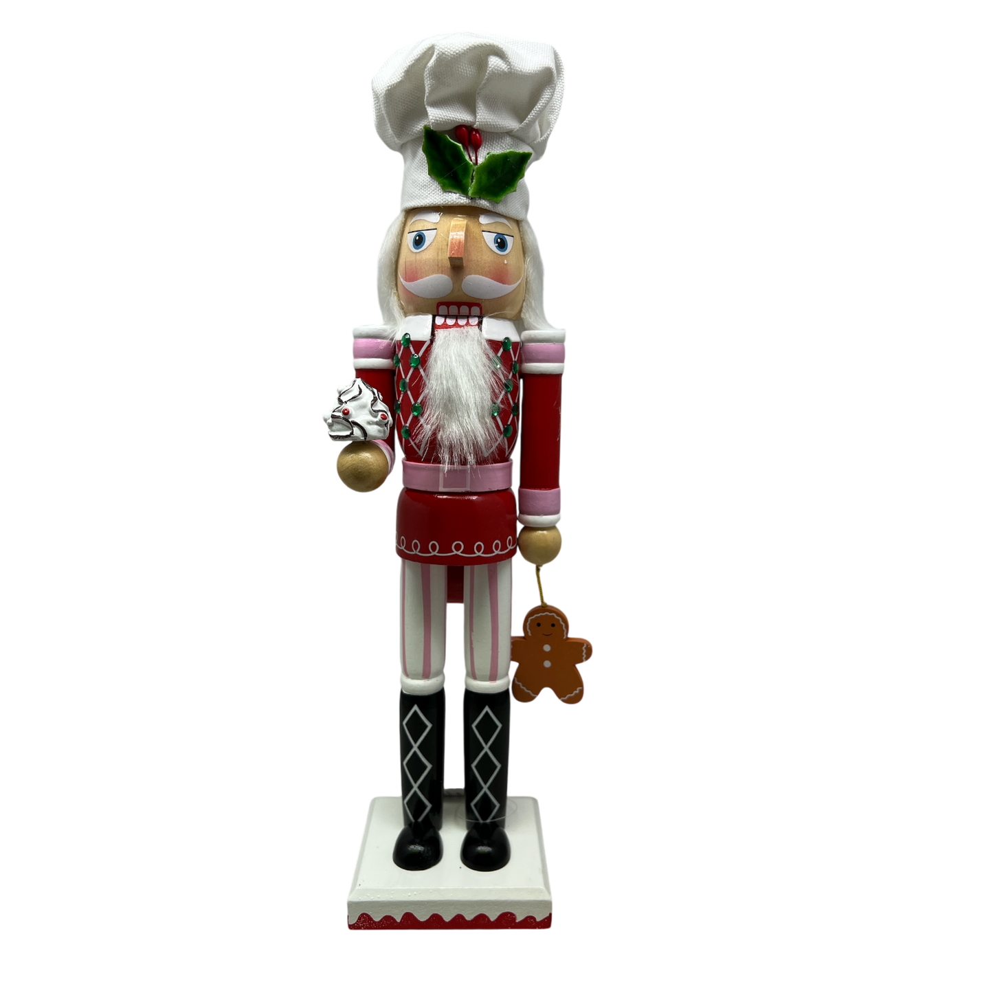 Cupcake Chef Nutcracker Figurine in red with white beard and holly accents on Tampa Home & Garden Store