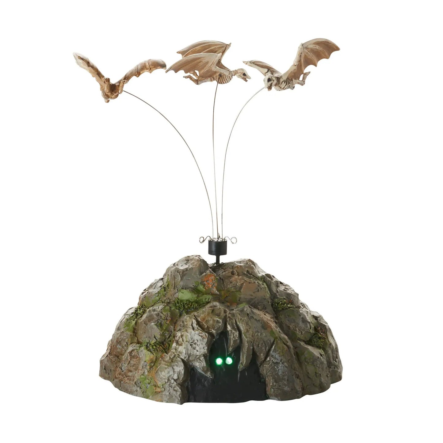 Lit and Animated Fright Flight Skeleton Bat with three winged bats on a pedestal with green eyes on Tampa Home & Garden Store