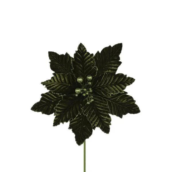 Poinsettia Pick Hunter Green 12in bloom artificial foliage with green leaves on slender stem on Tampa Home & Garden Store