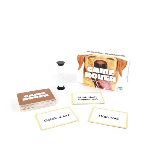Game Rover dog trick challenge card game box with a golden retriever, brown deck, timer on Tampa Home & Garden Store