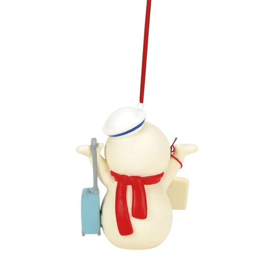 Let's Get Ship Faced Holiday Ornament snowman with sailor hat, red scarf, blue suitcase on Tampa Home & Garden Store