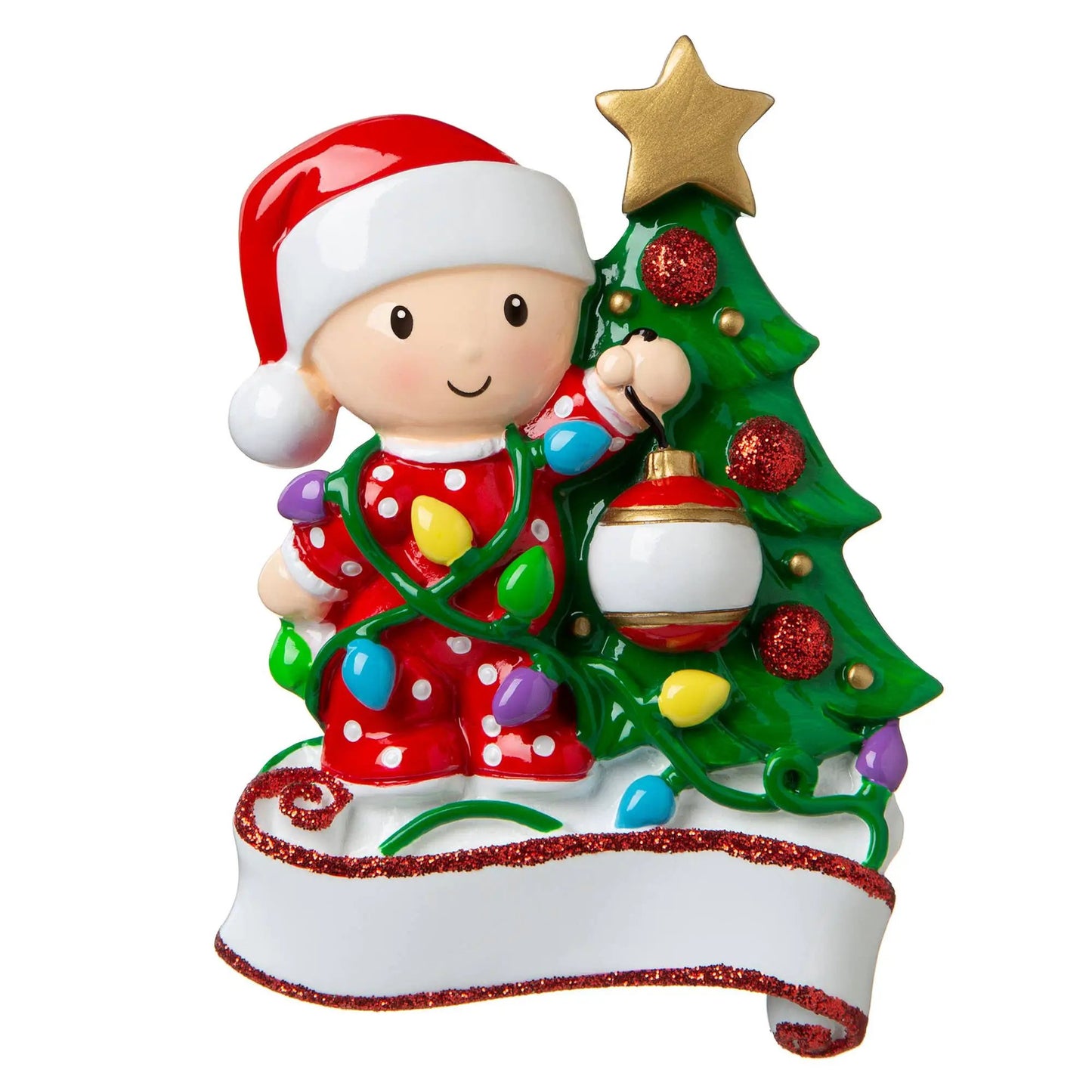 Little One Decorating a Christmas Tree Ornament, festive elf with red suit and green tree on Tampa Home & Garden Store