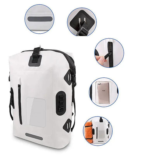White 30L waterproof cycling backpack by VIP Digital Presence with front pocket and straps on Tampa Home & Garden Store
