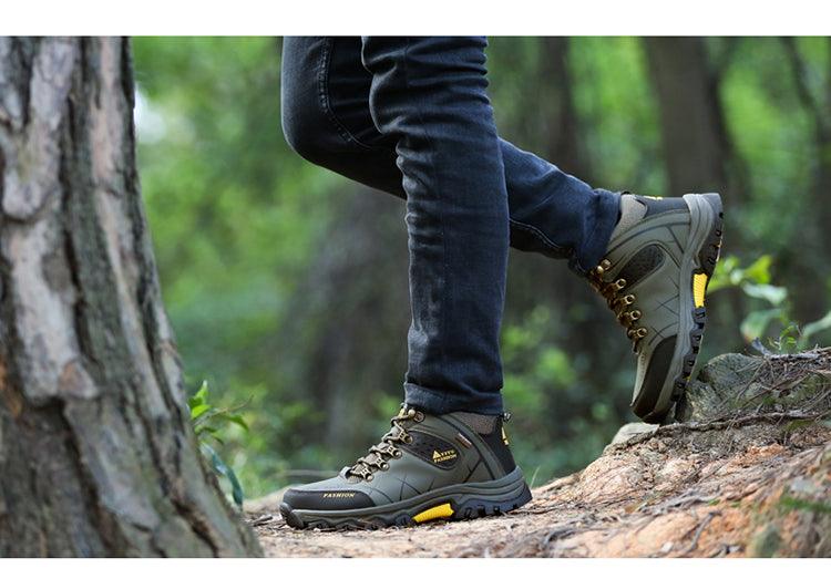 Stevvex men's outdoor hiking boots, olive-gray with yellow accent, rugged non-slip sole on Tampa Home & Garden Store