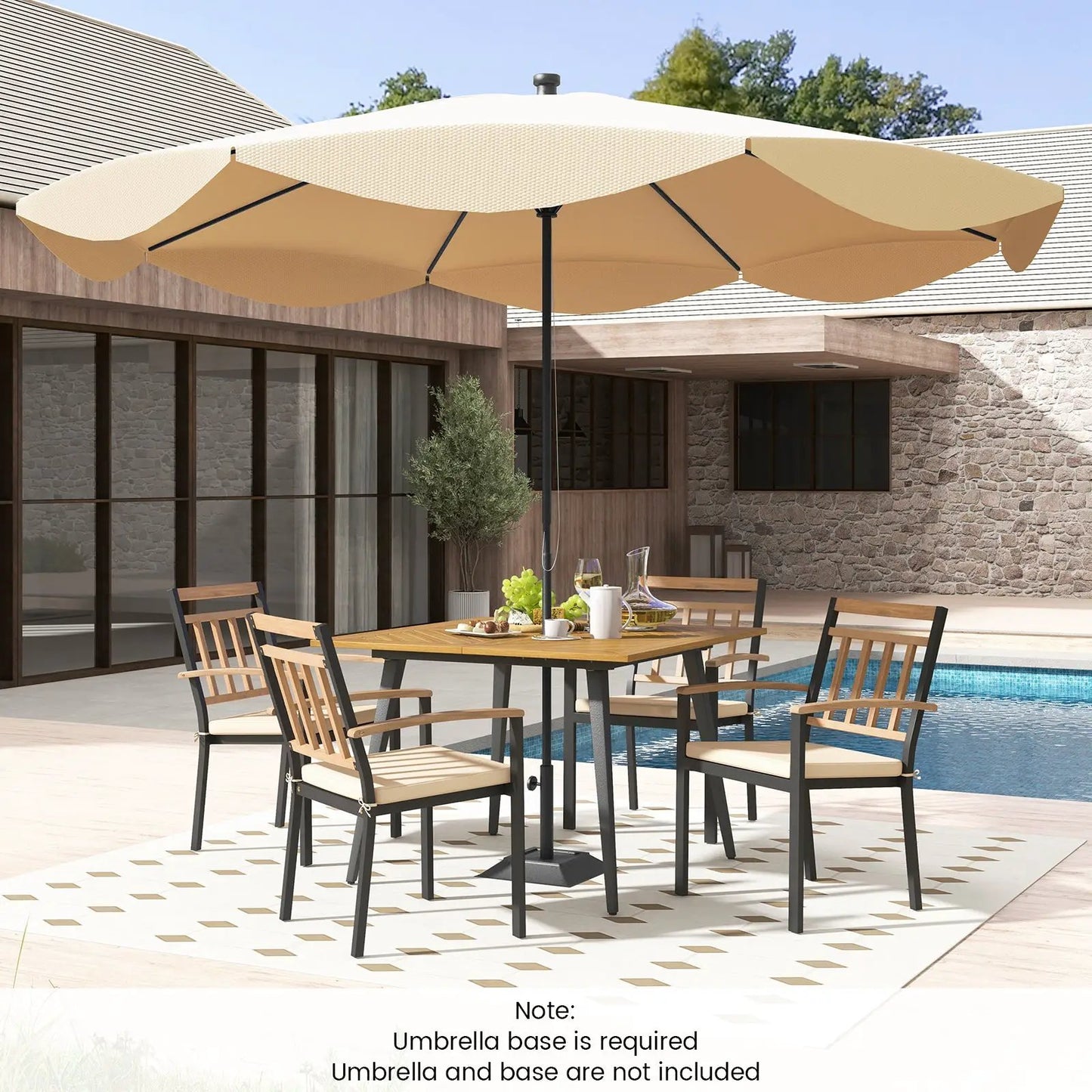 5 Piece Patio Dining Set With Cushions beige cushioned chairs wood table with black frames on Tampa Home & Garden Store