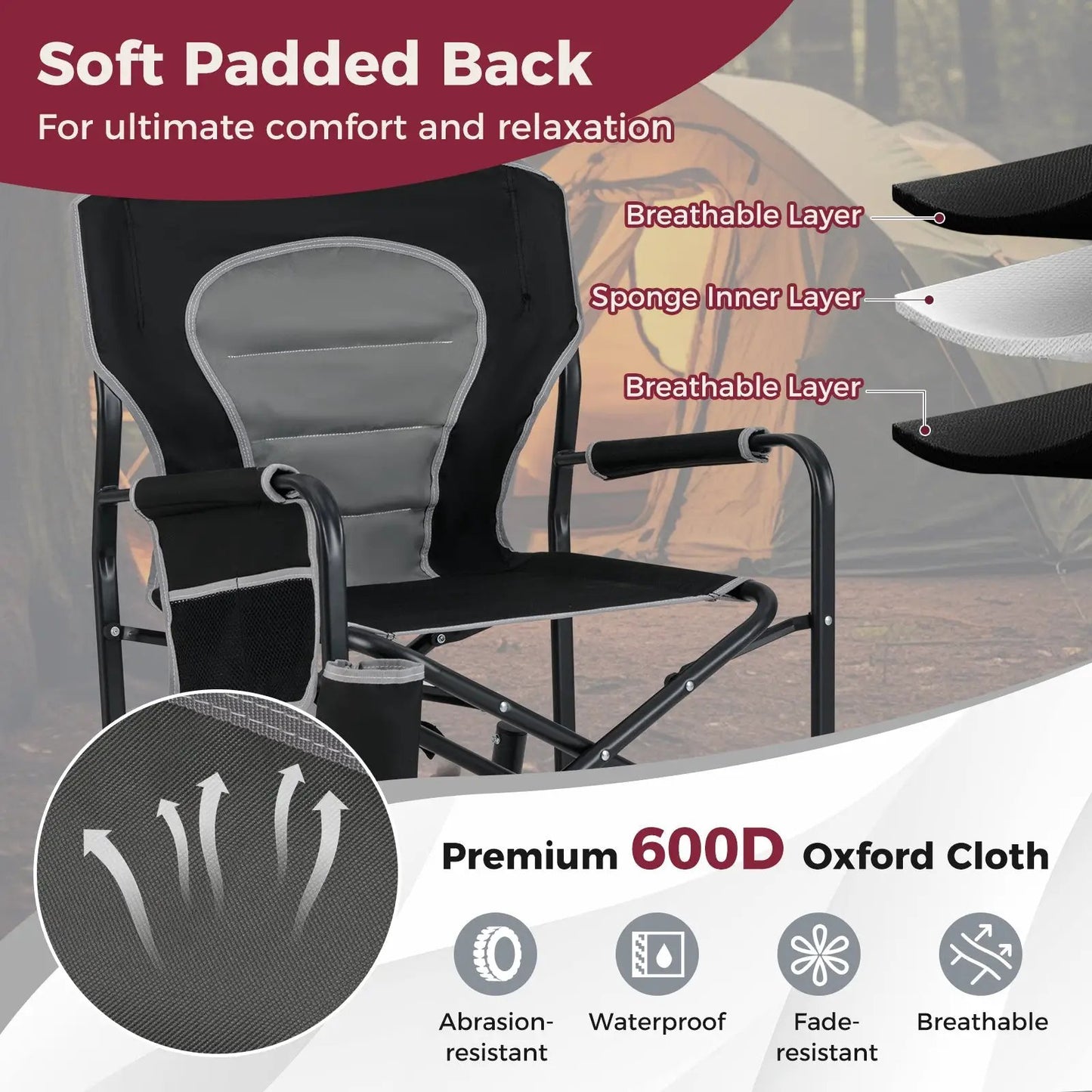Outdoor Rocker Camping Chair with Dual Springs and Padded Back-Black - Tampa Home & Garden Store