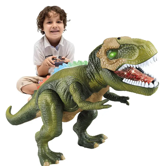 Remote control T-Rex dinosaur toy with lights, green body, rider kid Moktan Sabai RC toy on Tampa Home & Garden Store