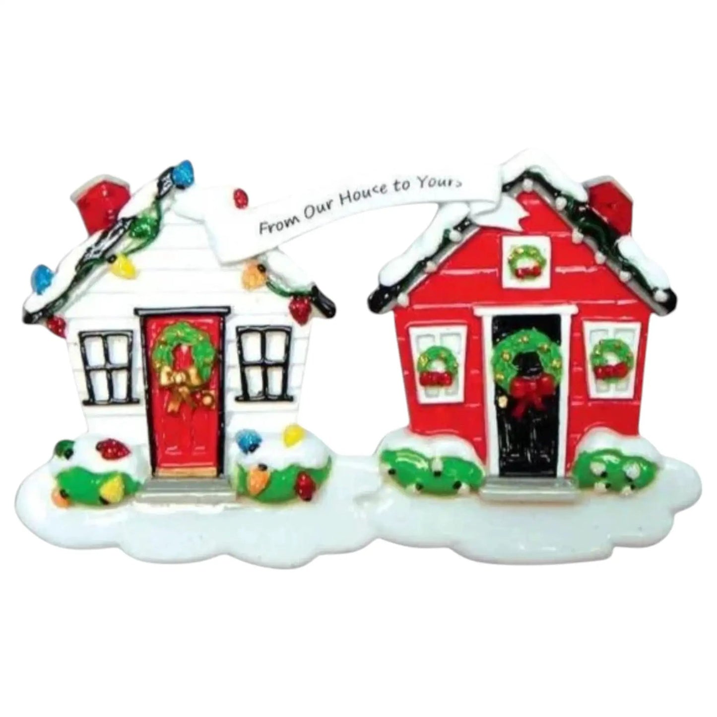 From Our House to Yours Christmas ornament set with white and red houses, snow and wreaths on Tampa Home & Garden Store