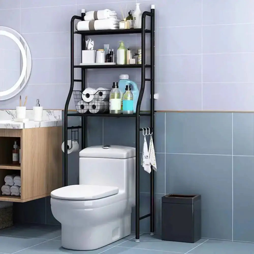 Over toilet 3-tier metal storage shelf in black, bathroom organizer with towels and toiletries on Tampa Home & Garden Store