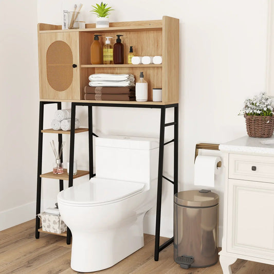 Over toilet cabinet in natural wood with rattan door and open shelves for towels and bath items on Tampa Home & Garden Store