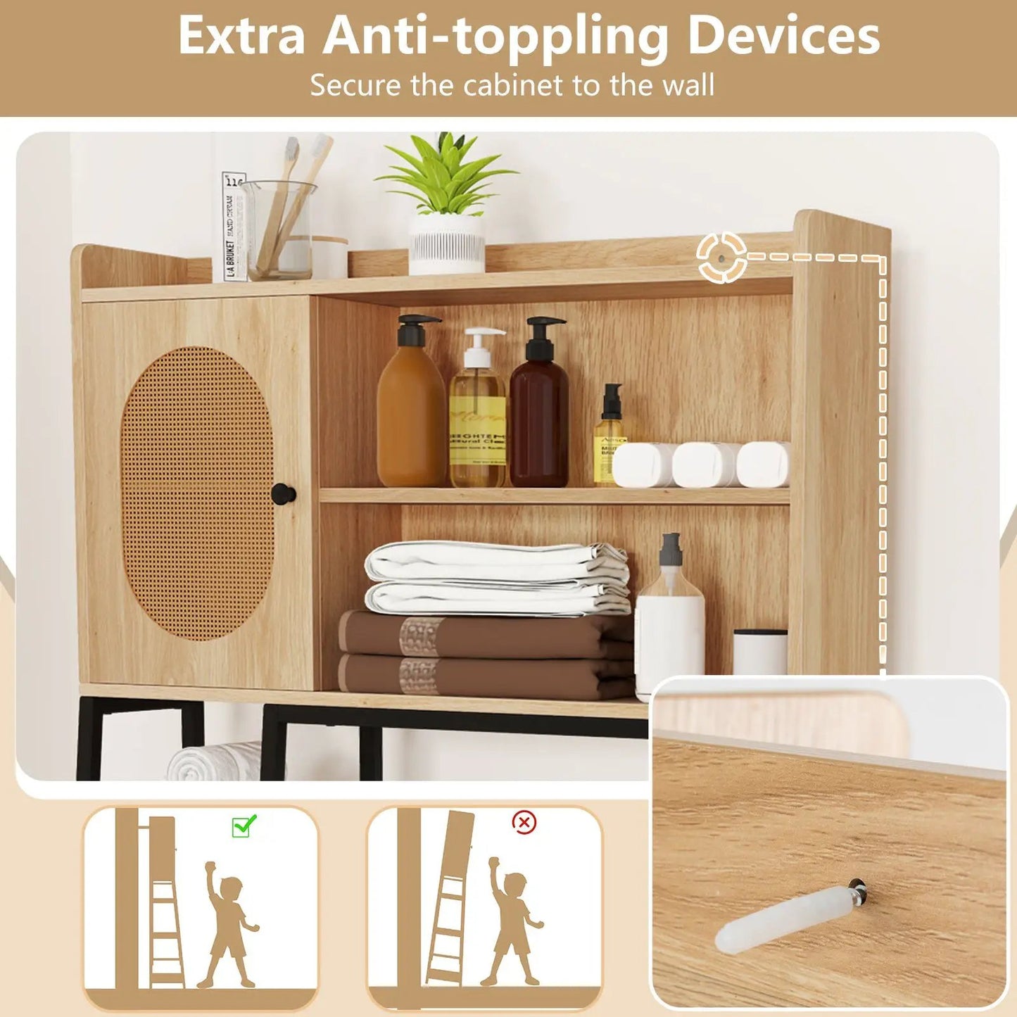Over The Toilet Storage Cabinet with PE Rattan Door and Open Storage Shelves-Natural - Tampa Home & Garden Store