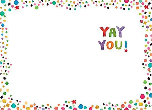 Greeting card white with colorful confetti border and YAY YOU lettering for graduation on Tampa Home & Garden Store