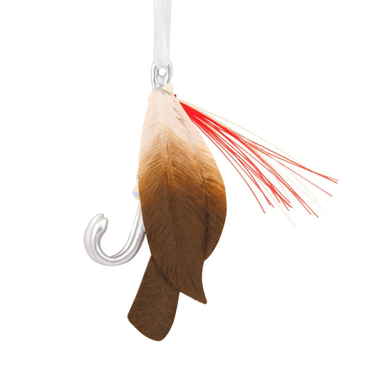 Fishing lure Hallmark ornament with brown feather body and red fringe, silver hook on Tampa Home & Garden Store