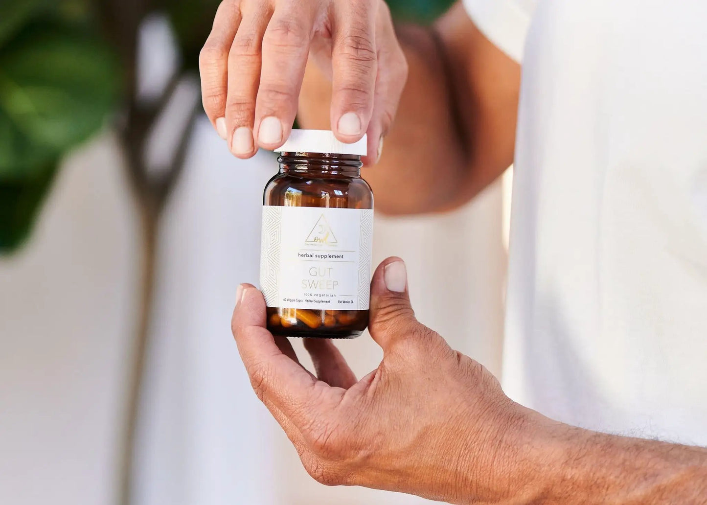Gut Sweep herbal supplement bottle OWL Venice, brown glass with white label, being opened on Tampa Home & Garden Store