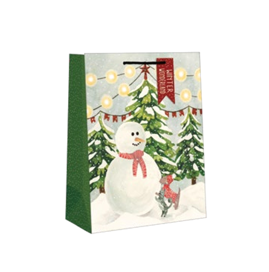 Love of Pets Gift Bag Snowmen Friends medium with snowman and festive trees on green side panel on Tampa Home & Garden Store