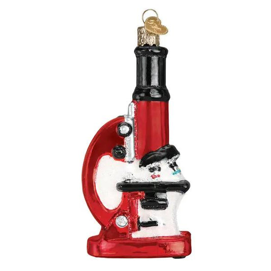 Microscope glass ornament red and black with white base, occupational holiday ornament on Tampa Home & Garden Store