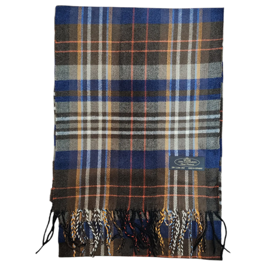 Cashmere Winter Scarf hand tailored in Germany blue brown plaid fringe by Country Christmas Loft on Tampa Home & Garden Store