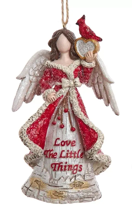 Faceless birch-berries angel ornament in red gown with fur trim, holding Love The Little Things on Tampa Home & Garden Store