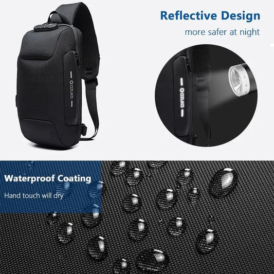 Ozuko Anti Theft Crossbody Bag for Men, black with reflective design and waterproof coating on Tampa Home & Garden Store