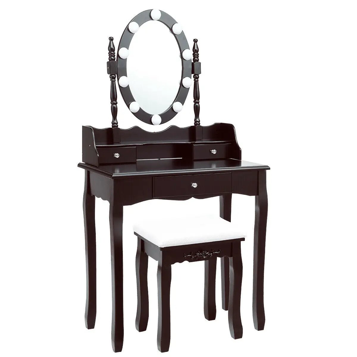 Black oval vanity mirror set with LED ring, three-drawer vanity, and matching cushioned stool on Tampa Home & Garden Store