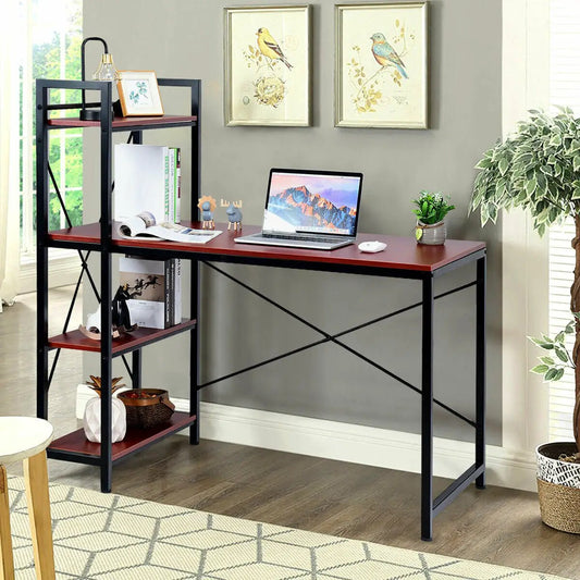 47-inch computer desk with 4-tier left shelf, black frame, dark red-brown top with laptop on Tampa Home & Garden Store