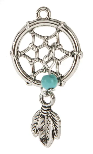 Pocket dream catcher charm pendant with turquoise bead and feather dangle on silver-tone metal on Tampa Home & Garden Store