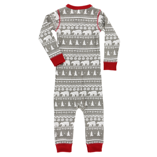 Adult Nordic Bear Union Suit snug fit grey knit onesie with white bear pattern red cuffs on Tampa Home & Garden Store
