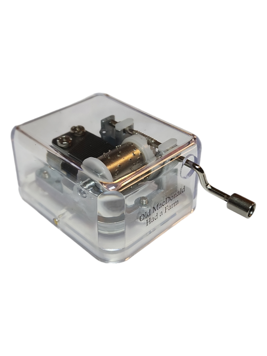 Hand Crank Music Box Neato in clear acrylic case with brass cylinder and wind crank on Tampa Home & Garden Store