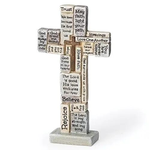 Word Cross Keepsake Cross figurine with scripture blocks, cream-toned sculpture, 4.5 in tall on Tampa Home & Garden Store