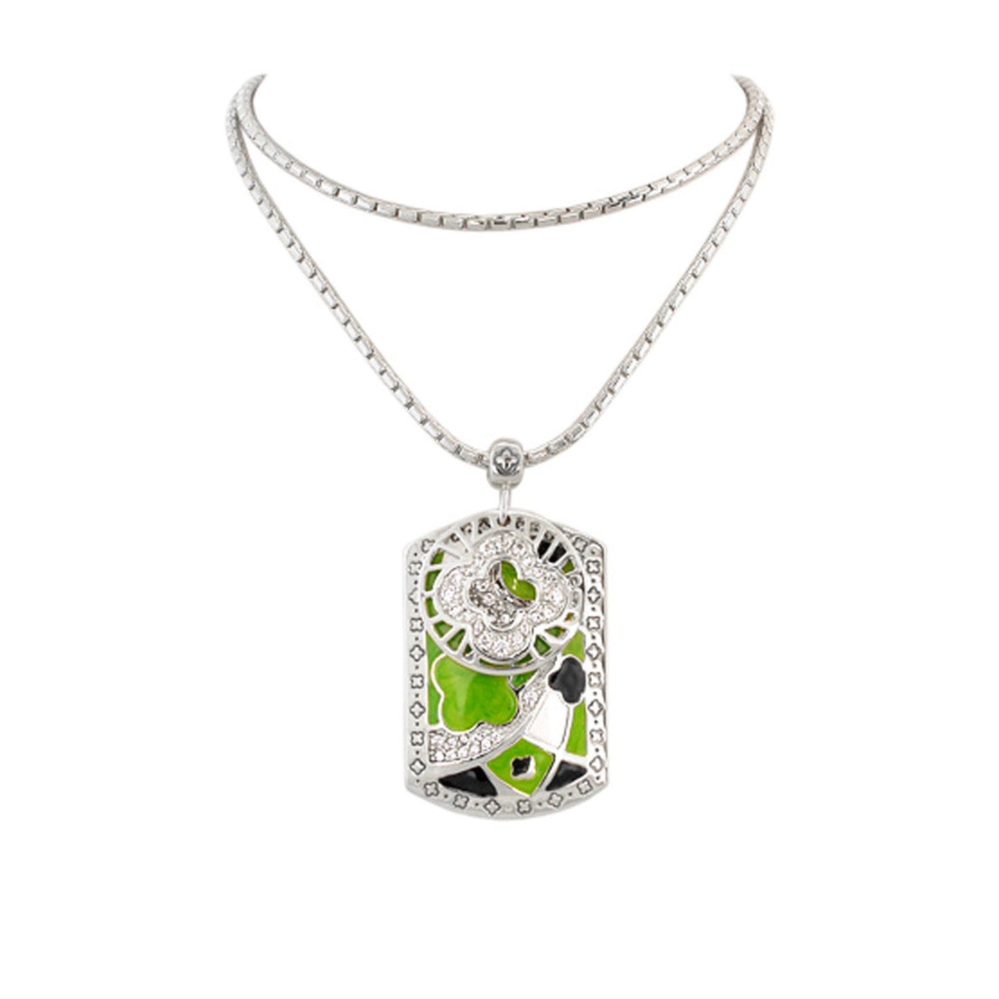 Art Deco Pendant Necklace Pave Frame Flower Tag Lauren G Adams green enamel silver on chain on Tampa Home & Garden Store