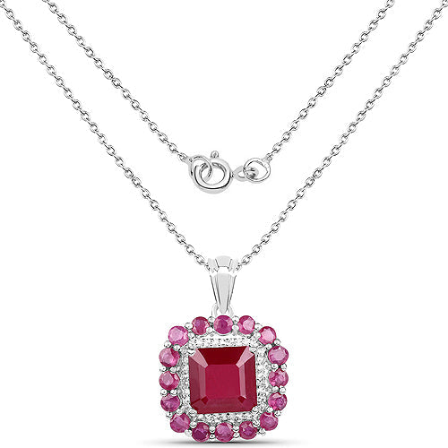Pendant necklace with square red ruby centerpiece and pink topaz halo in silver by Bids.com on Tampa Home & Garden Store
