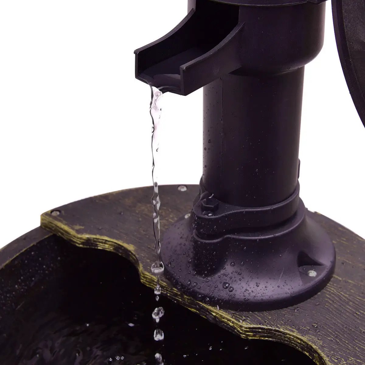 Two Tier Outdoor Barrel Waterfall Fountain Pump black plastic housing with cascading water on Tampa Home & Garden Store