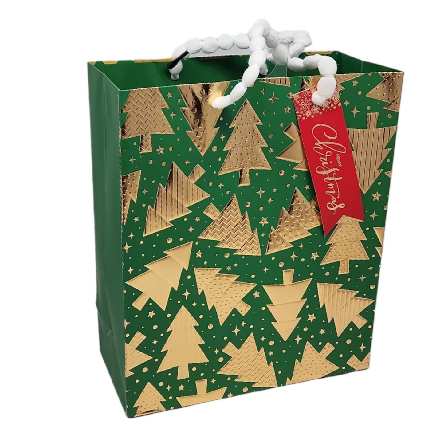 Trees On Green Gift Bag with gold foil Christmas trees and red gift tag by The Country Christmas Loft on Tampa Home & Garden Store