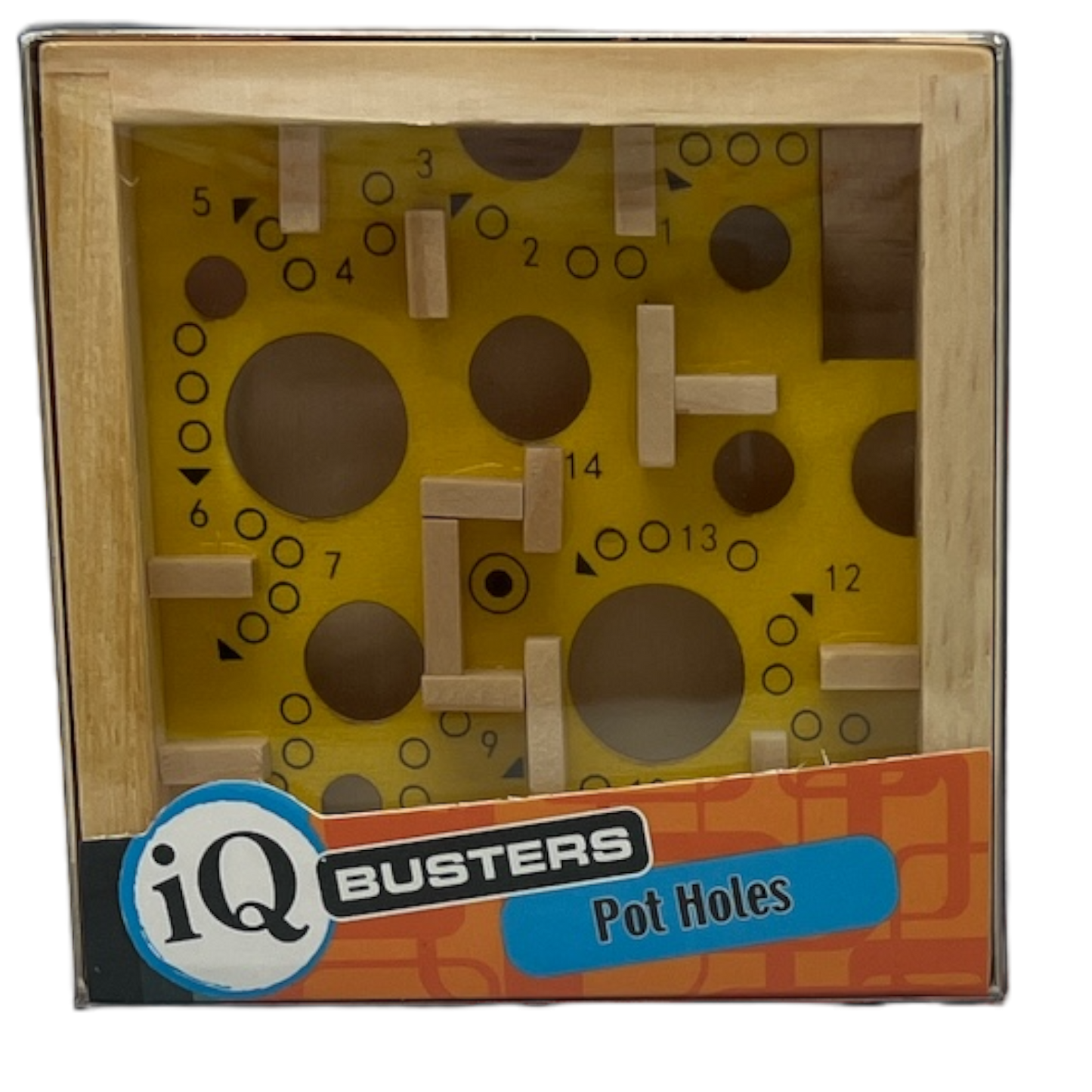 IQ Busters Pot Holes Puzzle wooden brain teaser with yellow board and wooden blocks on Tampa Home & Garden Store