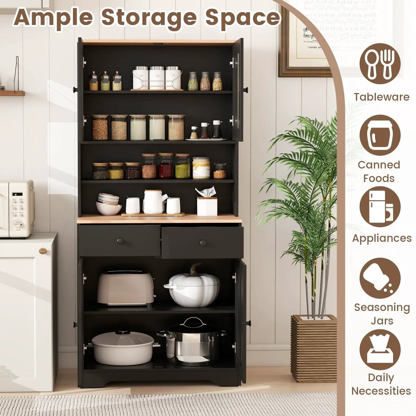 Pantry cabinet DirectDeals in black with wooden top and 2 removable shelves, jars visible on Tampa Home & Garden Store