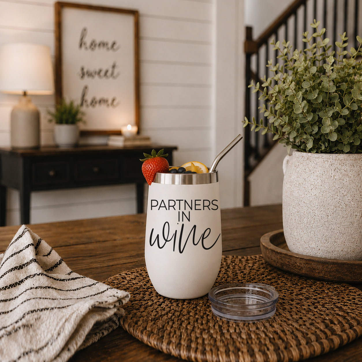 Gia Roma Wine Partners 17oz white tumbler with stainless steel rim and Partners in Wine lettering on Tampa Home & Garden Store