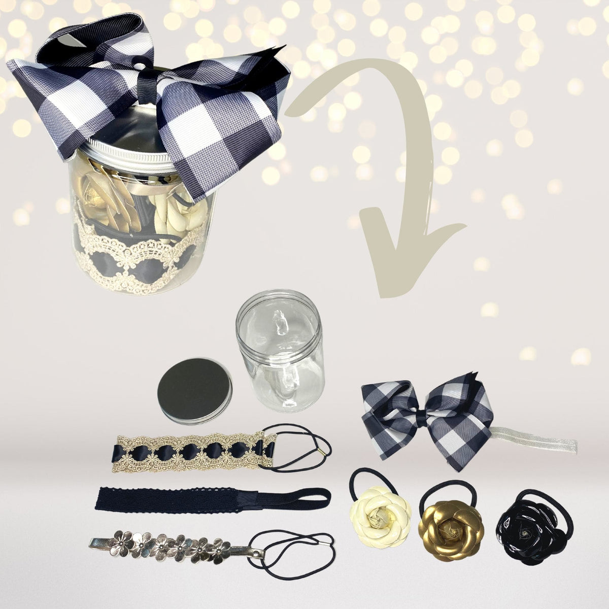 Black and gold party favor jar with navy buffalo-check ribbon and lace trim on Tampa Home & Garden Store