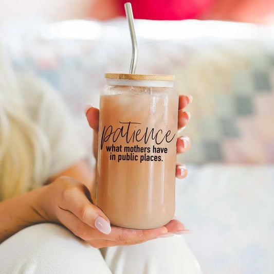 Patience in Public 17oz glass cup with bamboo lid and metal straw containing iced coffee on Tampa Home & Garden Store