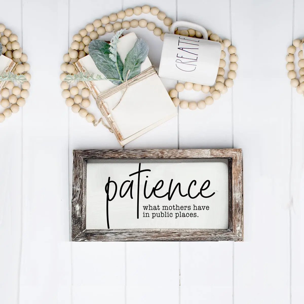 Patience sign wood decor rustic framed white panel with black script text for moms and home on Tampa Home & Garden Store