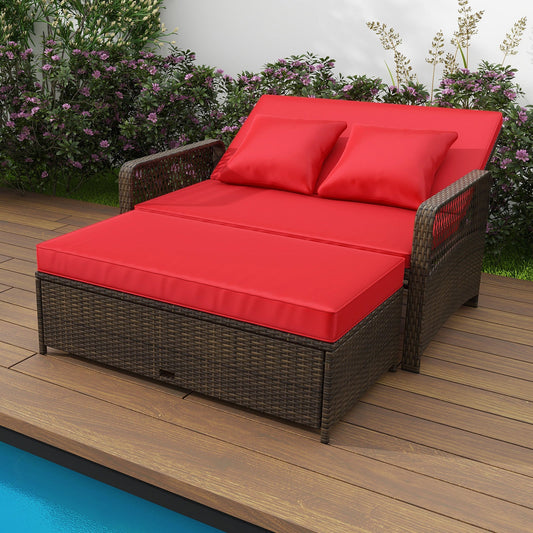 Patio Adjustable Wicker Daybed with 4-Level Backrest and Soft Cushions-Red - Tampa Home & Garden Store