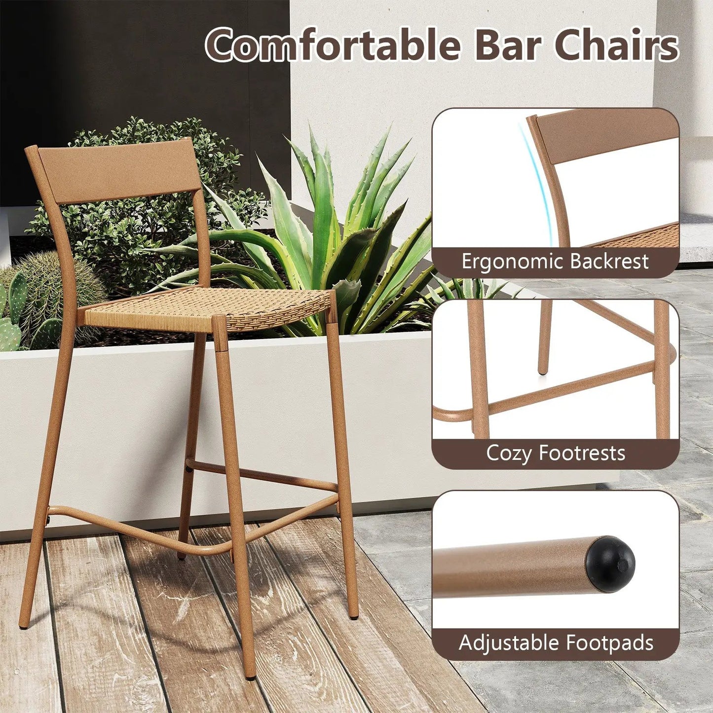 Patio Barstools Set of 2 with light brown rattan seats and metal backrests on Tampa Home & Garden Store