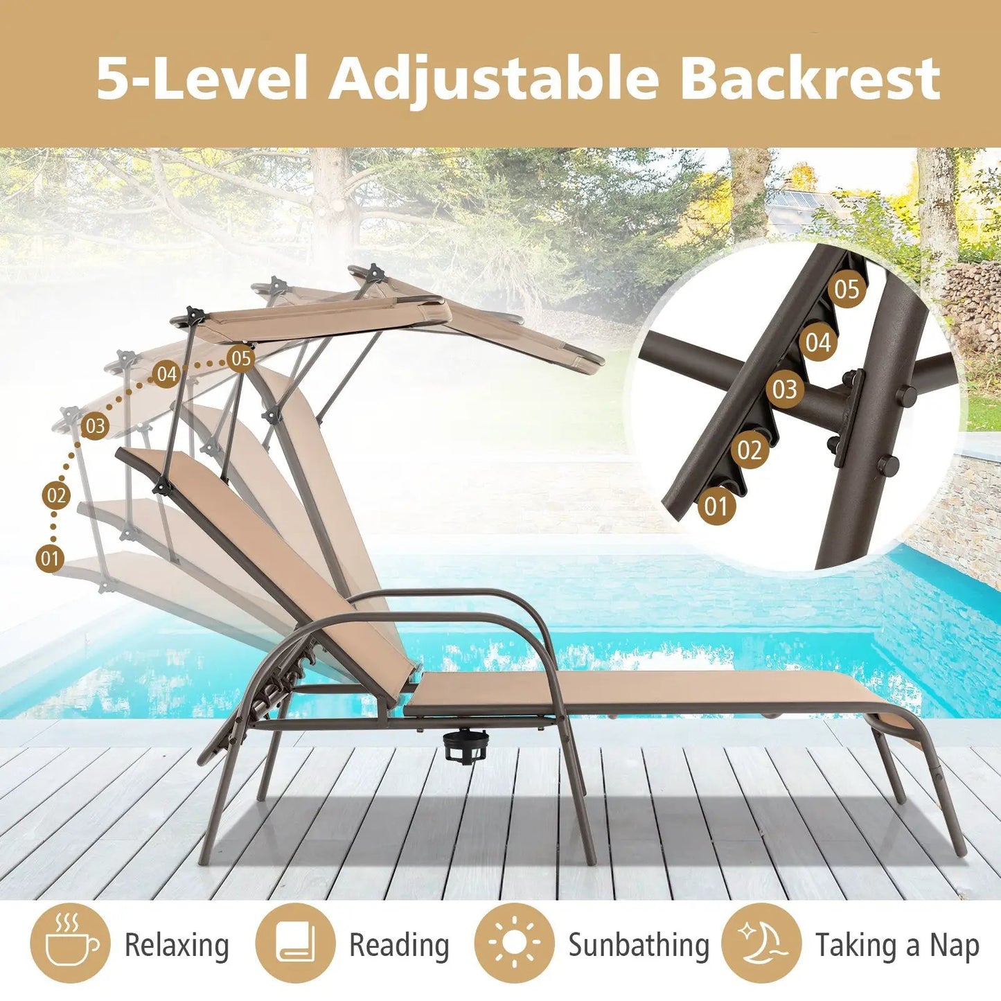 Patio adjustable 5-level backrest chaise lounge brown cushions metal frame 5 recline levels on Tampa Home & Garden Store