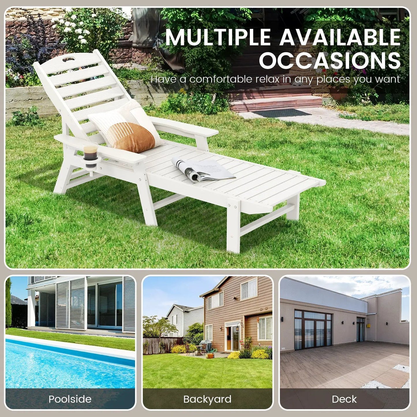 Patio chaise lounge chair with 4-position backrest in white by DirectDeals on Tampa Home & Garden Store