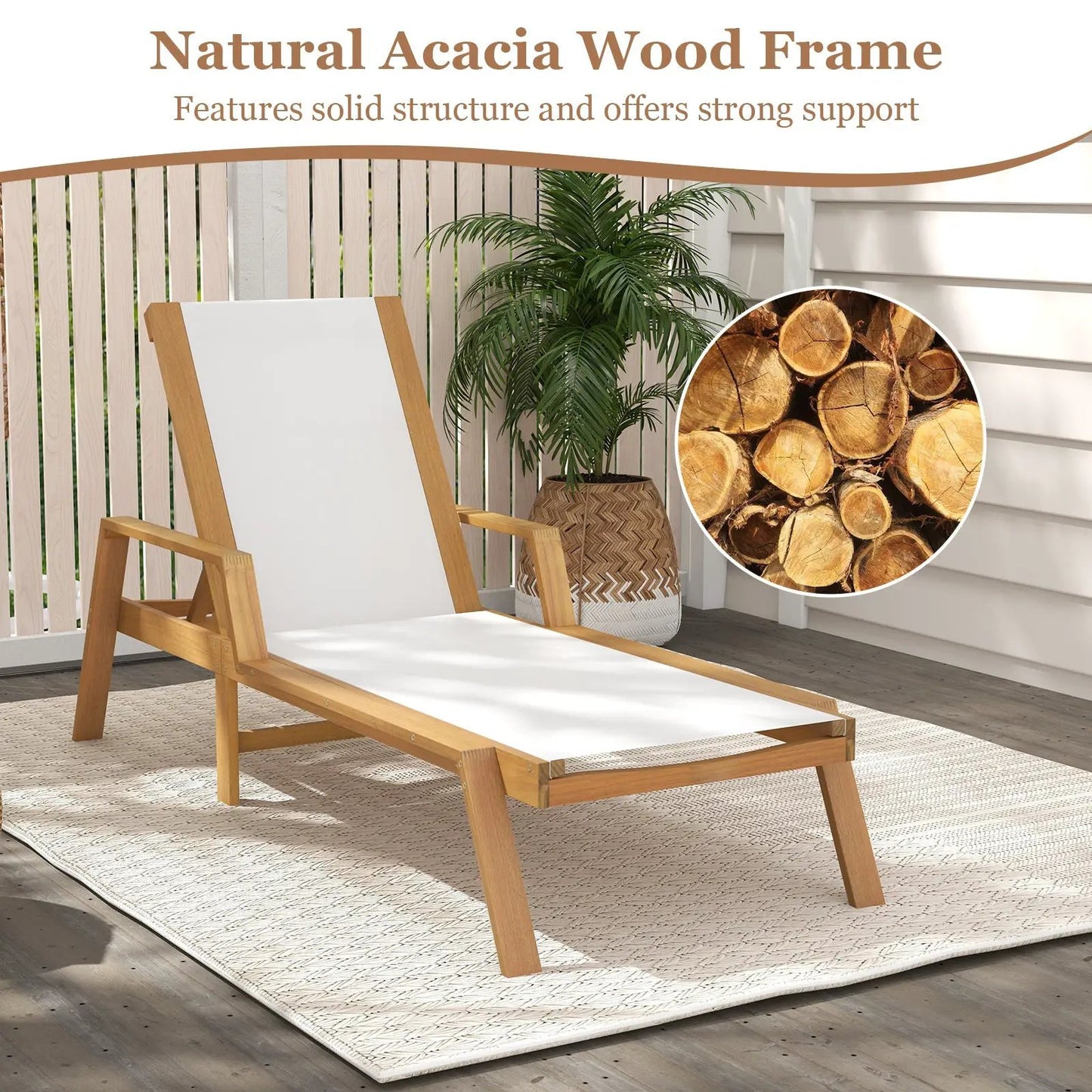 Patio chaise lounge chair with white fabric seat and natural wood frame armrests on Tampa Home & Garden Store