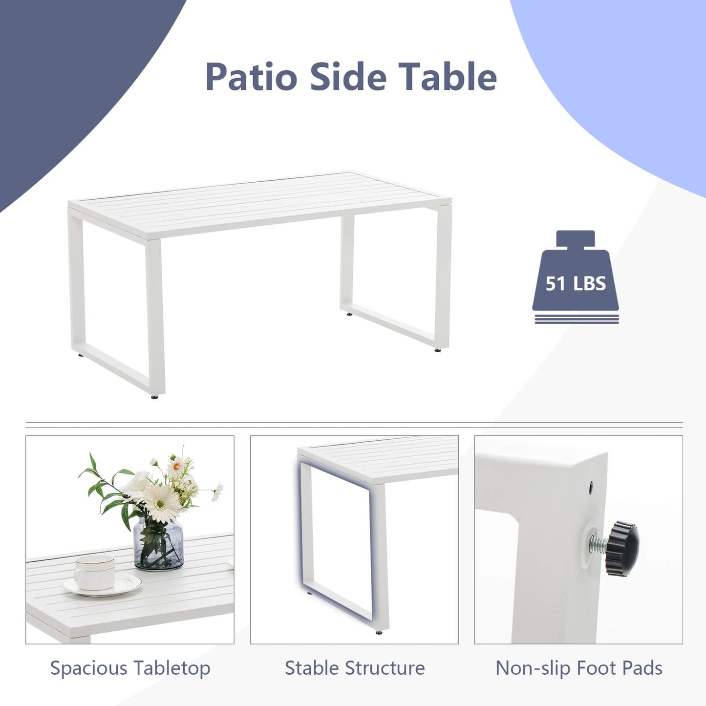 Patio side table white with slatted top and steel frame, compact and sturdy on Tampa Home & Garden Store