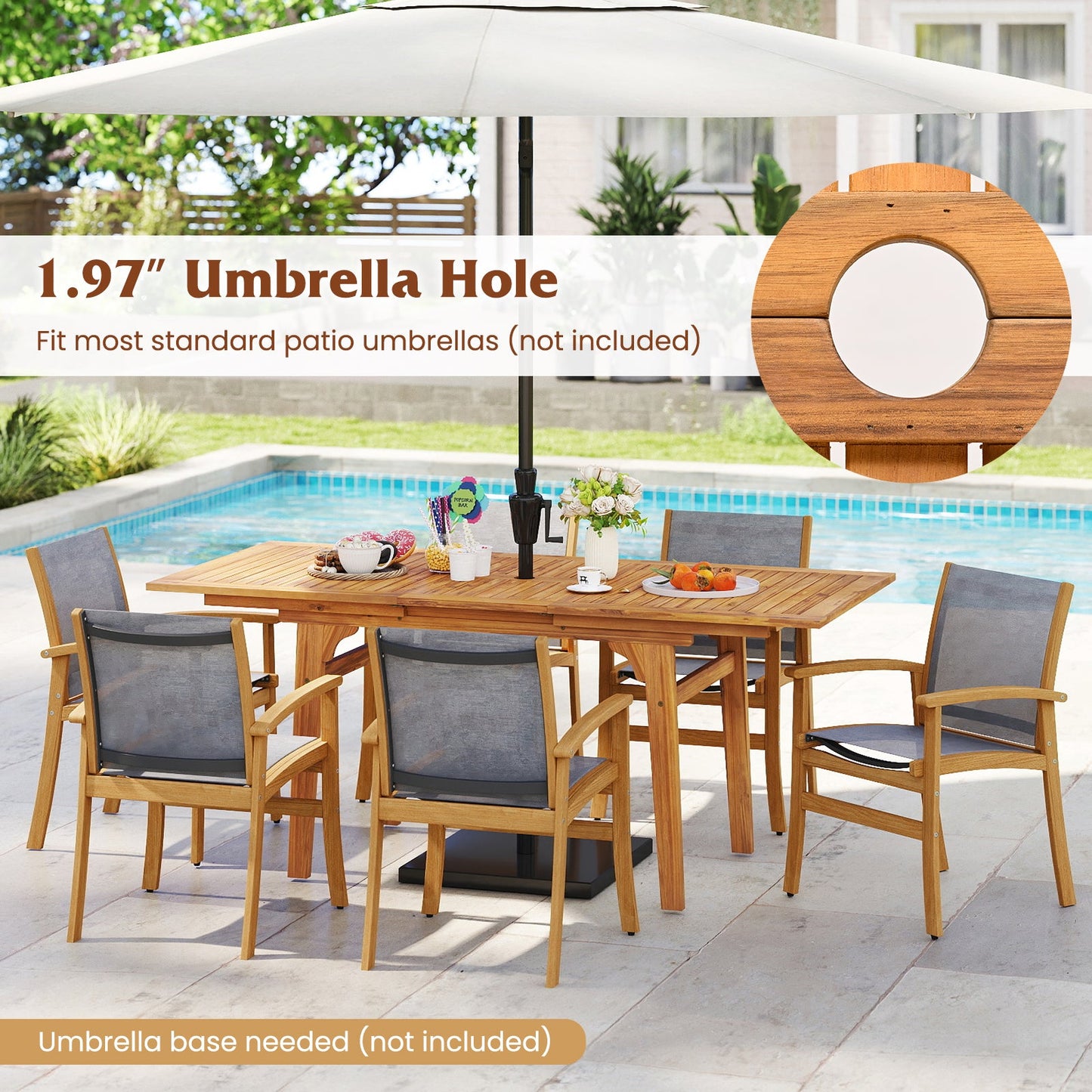 55-Inch expandable wooden patio dining table with umbrella hole for 6-8 guests on Tampa Home & Garden Store