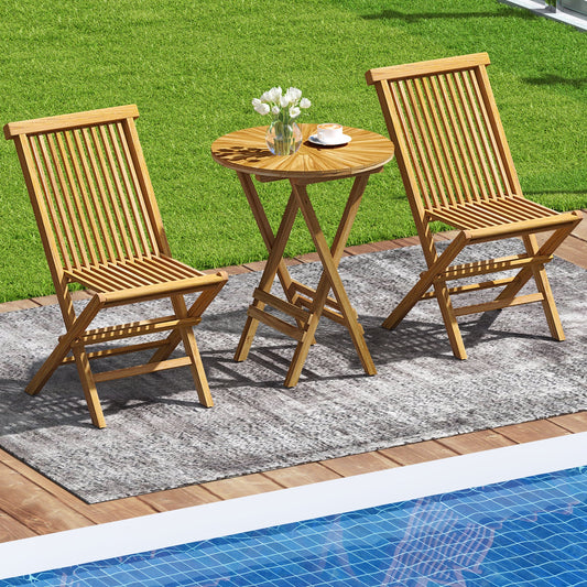 Patio Folding Side Table Teak Wood Round End Table with Slatted Tabletop and X-Shaped Frame - Tampa Home & Garden Store