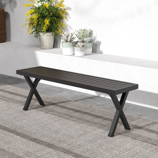 Banco de metal para patio con asiento de rejilla y patas en X