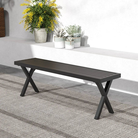 Patio Metal Bench with Slatted Seat and X Legs - Tampa Home & Garden Store
