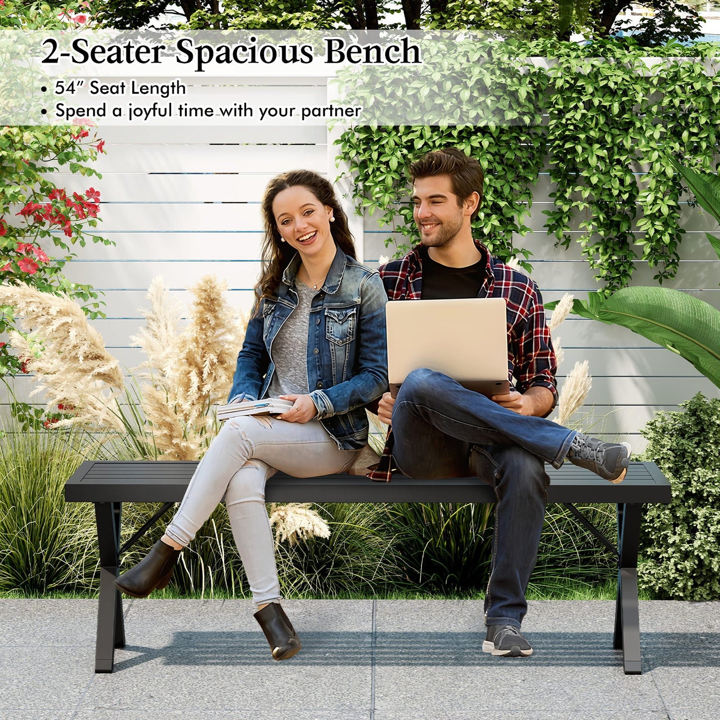 Banco de metal para patio con asiento de rejilla y patas en X